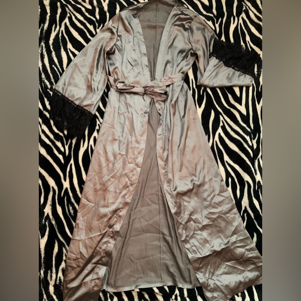 long silky grey robe with black lace